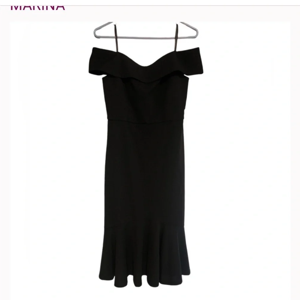 NWT Marina Plus Off The Shoulder Scuba Crepe Flounce Black Cocktail Dress 22W